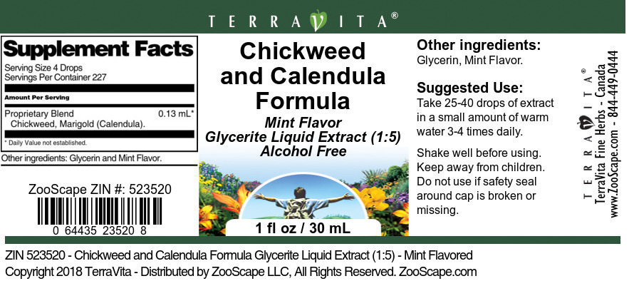 Chickweed and Calendula Formula Glycerite Liquid Extract (1:5) - Label