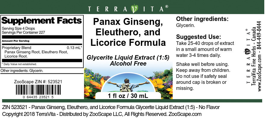 Panax Ginseng, Eleuthero, and Licorice Formula Glycerite Liquid Extract (1:5) - Label