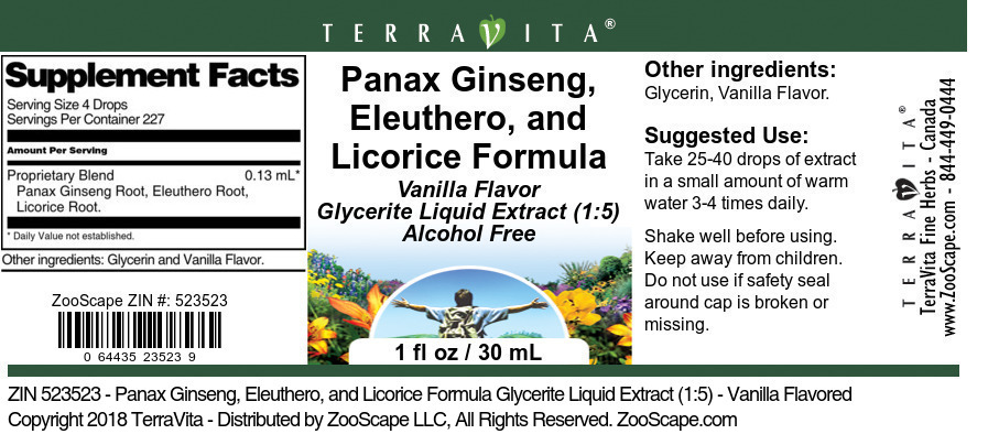 Panax Ginseng, Eleuthero, and Licorice Formula Glycerite Liquid Extract (1:5) - Label