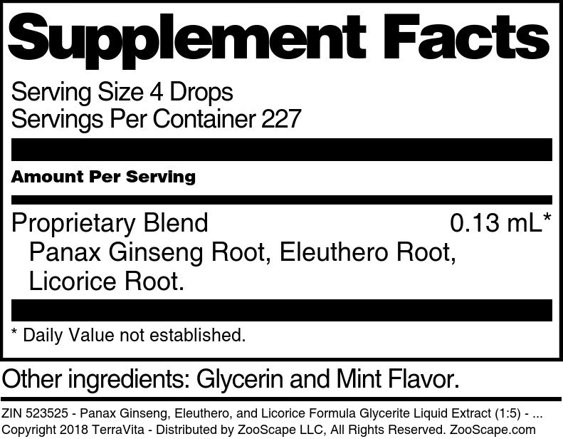 Panax Ginseng, Eleuthero, and Licorice Formula Glycerite Liquid Extract (1:5) - Supplement / Nutrition Facts