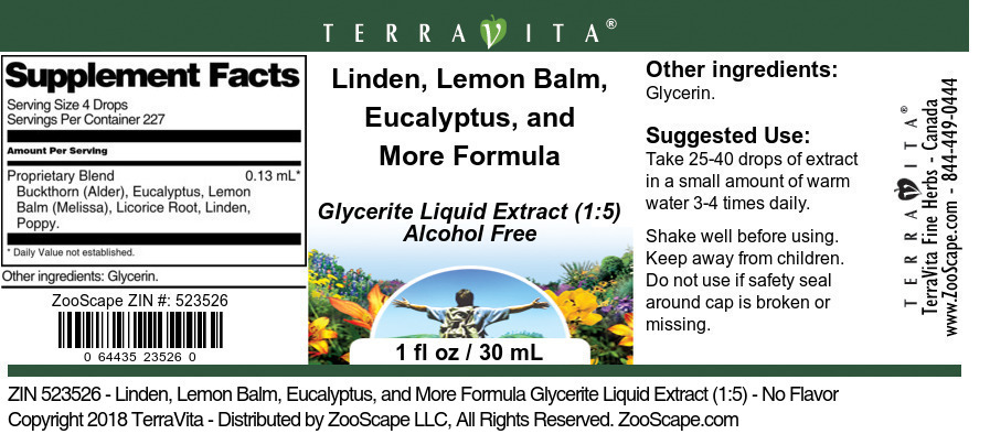 Linden, Lemon Balm, Eucalyptus, and More Formula Glycerite Liquid Extract (1:5) - Label