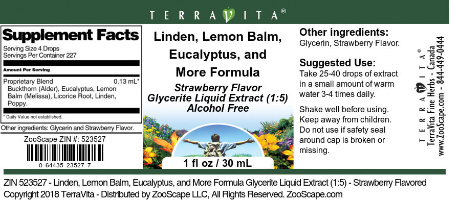 Linden, Lemon Balm, Eucalyptus, and More Formula Glycerite Liquid Extract (1:5) - Label