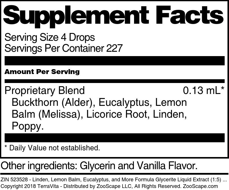 Linden, Lemon Balm, Eucalyptus, and More Formula Glycerite Liquid Extract (1:5) - Supplement / Nutrition Facts