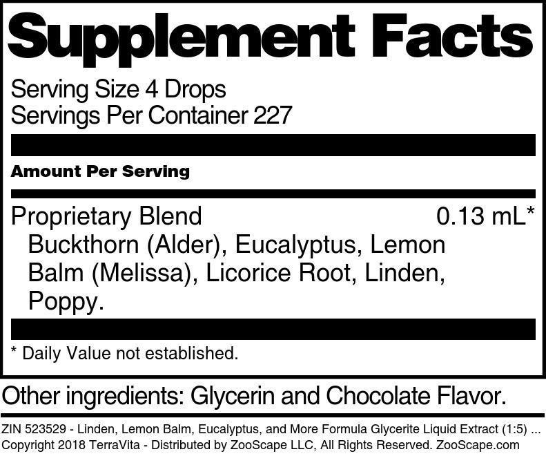 Linden, Lemon Balm, Eucalyptus, and More Formula Glycerite Liquid Extract (1:5) - Supplement / Nutrition Facts