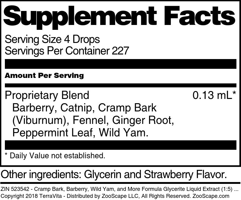 Cramp Bark, Barberry, Wild Yam, and More Formula Glycerite Liquid Extract (1:5) - Supplement / Nutrition Facts