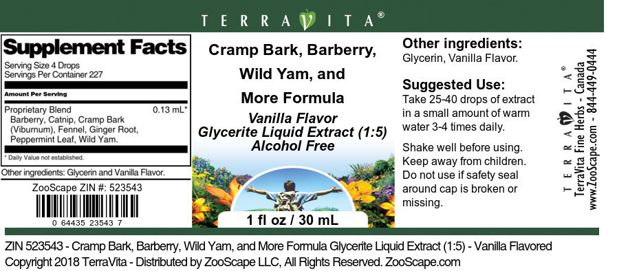 Cramp Bark, Barberry, Wild Yam, and More Formula Glycerite Liquid Extract (1:5) - Label