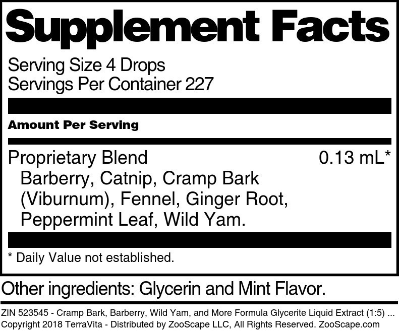 Cramp Bark, Barberry, Wild Yam, and More Formula Glycerite Liquid Extract (1:5) - Supplement / Nutrition Facts