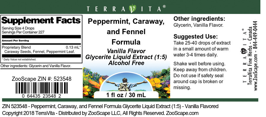 Peppermint, Caraway, and Fennel Formula Glycerite Liquid Extract (1:5) - Label