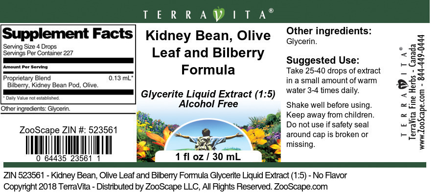 Kidney Bean, Olive Leaf and Bilberry Formula Glycerite Liquid Extract (1:5) - Label