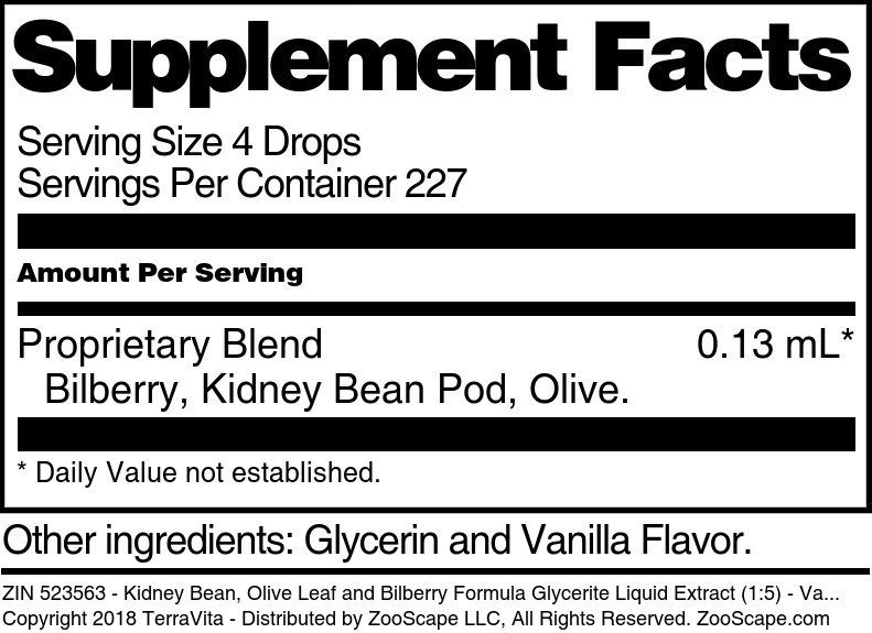 Kidney Bean, Olive Leaf and Bilberry Formula Glycerite Liquid Extract (1:5) - Supplement / Nutrition Facts