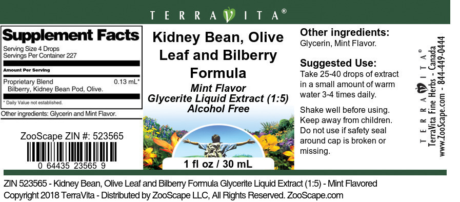 Kidney Bean, Olive Leaf and Bilberry Formula Glycerite Liquid Extract (1:5) - Label