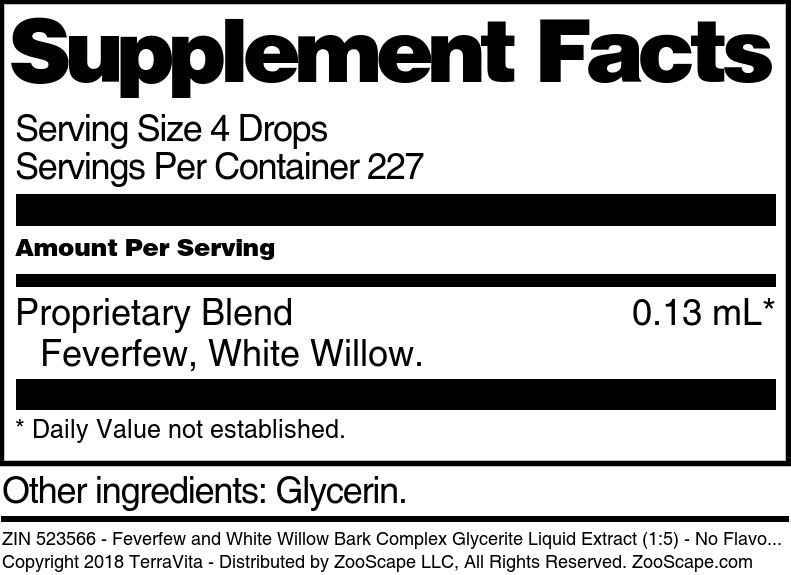 Feverfew and White Willow Bark Complex Glycerite Liquid Extract (1:5) - Supplement / Nutrition Facts