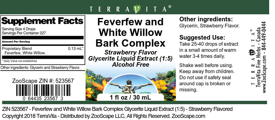 Feverfew and White Willow Bark Complex Glycerite Liquid Extract (1:5) - Label