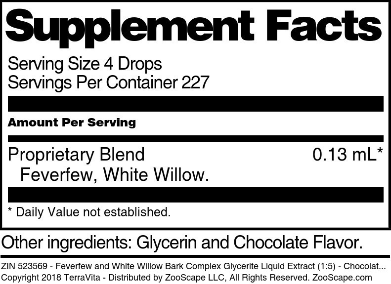 Feverfew and White Willow Bark Complex Glycerite Liquid Extract (1:5) - Supplement / Nutrition Facts