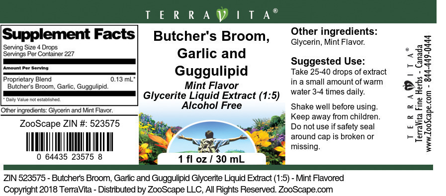 Butcher's Broom, Garlic and Guggulipid Glycerite Liquid Extract (1:5) - Label
