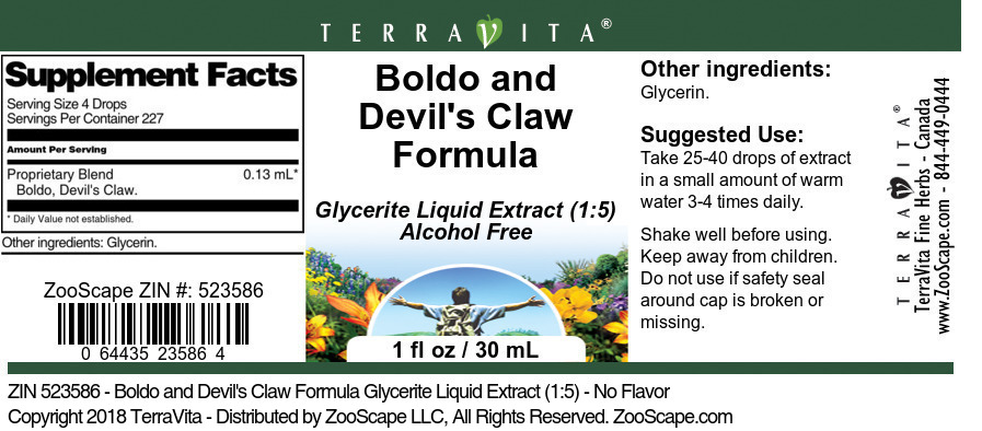 Boldo and Devil's Claw Formula Glycerite Liquid Extract (1:5) - Label
