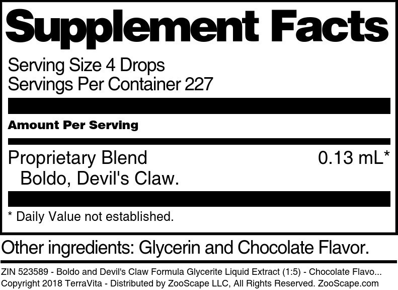 Boldo and Devil's Claw Formula Glycerite Liquid Extract (1:5) - Supplement / Nutrition Facts