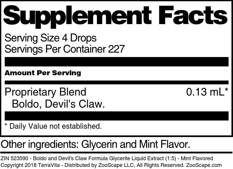 Boldo and Devil's Claw Formula Glycerite Liquid Extract (1:5) - Supplement / Nutrition Facts
