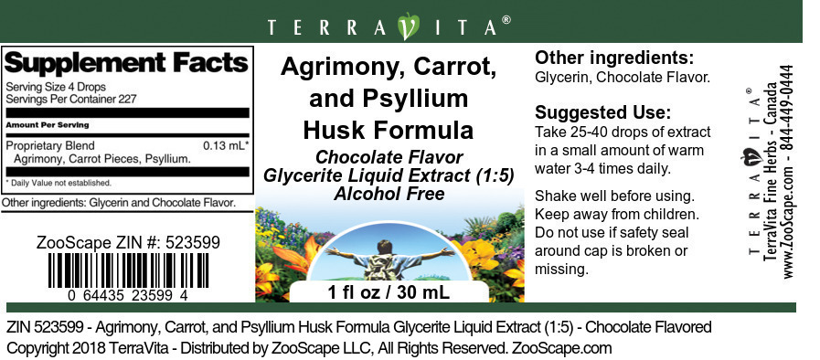 Agrimony, Carrot, and Psyllium Husk Formula Glycerite Liquid Extract (1:5) - Label