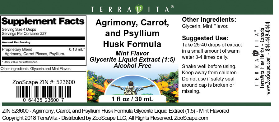 Agrimony, Carrot, and Psyllium Husk Formula Glycerite Liquid Extract (1:5) - Label