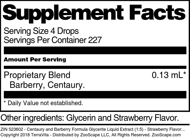 Centaury and Barberry Formula Glycerite Liquid Extract (1:5) - Supplement / Nutrition Facts