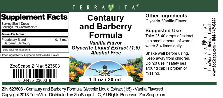 Centaury and Barberry Formula Glycerite Liquid Extract (1:5) - Label