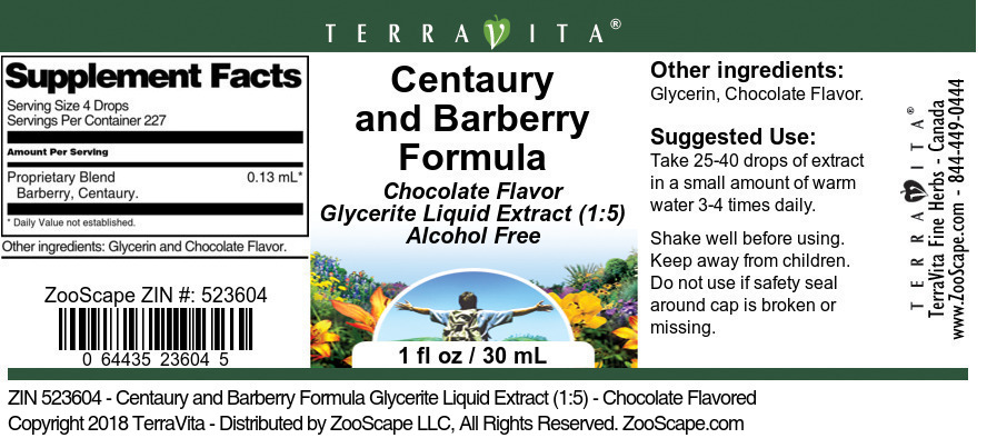 Centaury and Barberry Formula Glycerite Liquid Extract (1:5) - Label