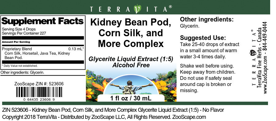 Kidney Bean Pod, Corn Silk, and More Complex Glycerite Liquid Extract (1:5) - Label