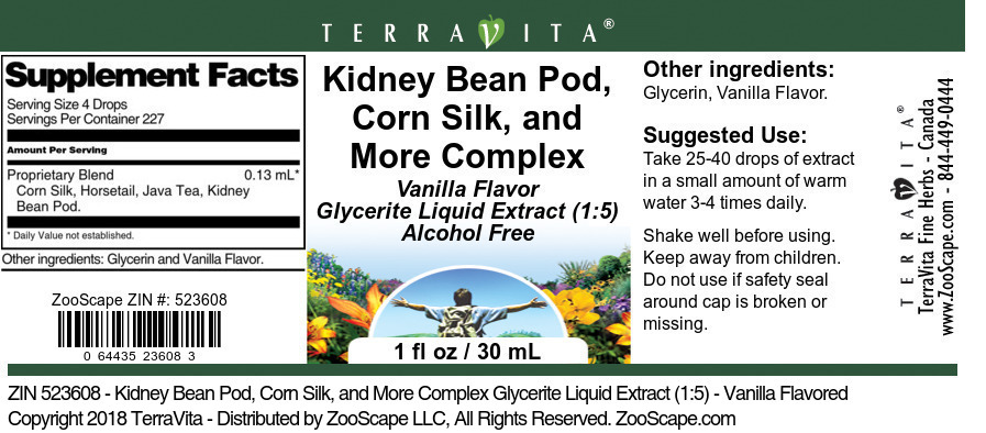 Kidney Bean Pod, Corn Silk, and More Complex Glycerite Liquid Extract (1:5) - Label