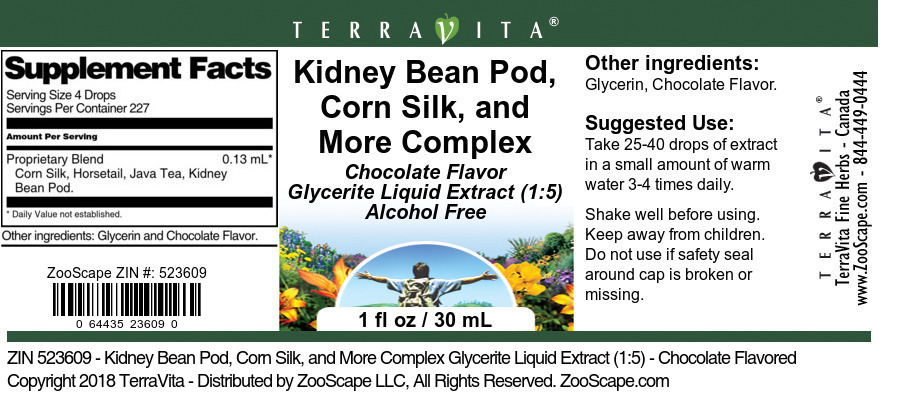 Kidney Bean Pod, Corn Silk, and More Complex Glycerite Liquid Extract (1:5) - Label