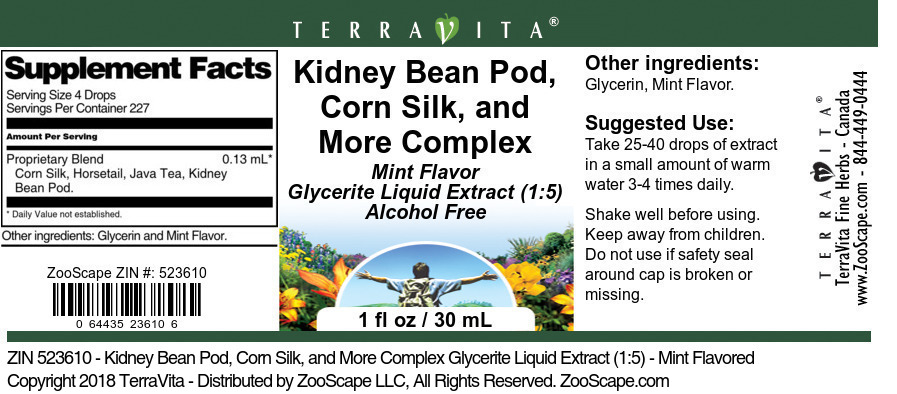 Kidney Bean Pod, Corn Silk, and More Complex Glycerite Liquid Extract (1:5) - Label