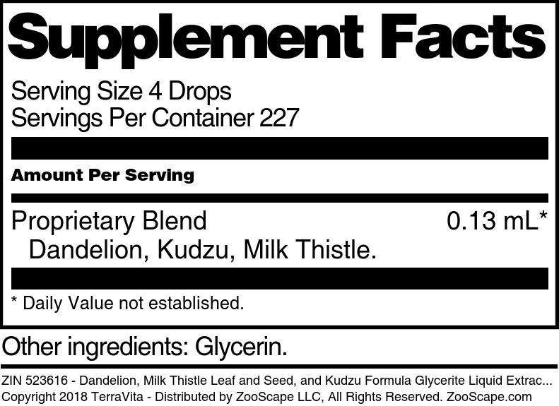 Dandelion, Milk Thistle Leaf and Seed, and Kudzu Formula Glycerite Liquid Extract (1:5) - Supplement / Nutrition Facts