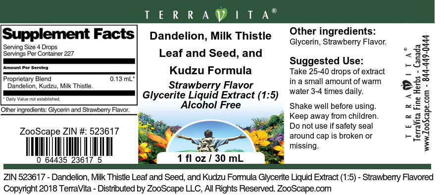 Dandelion, Milk Thistle Leaf and Seed, and Kudzu Formula Glycerite Liquid Extract (1:5) - Label