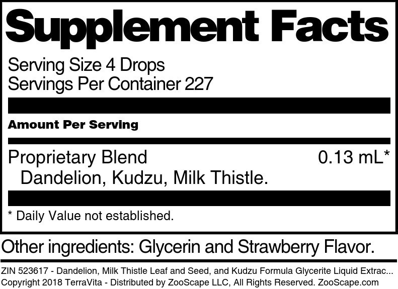 Dandelion, Milk Thistle Leaf and Seed, and Kudzu Formula Glycerite Liquid Extract (1:5) - Supplement / Nutrition Facts