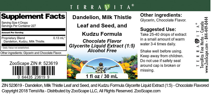 Dandelion, Milk Thistle Leaf and Seed, and Kudzu Formula Glycerite Liquid Extract (1:5) - Label
