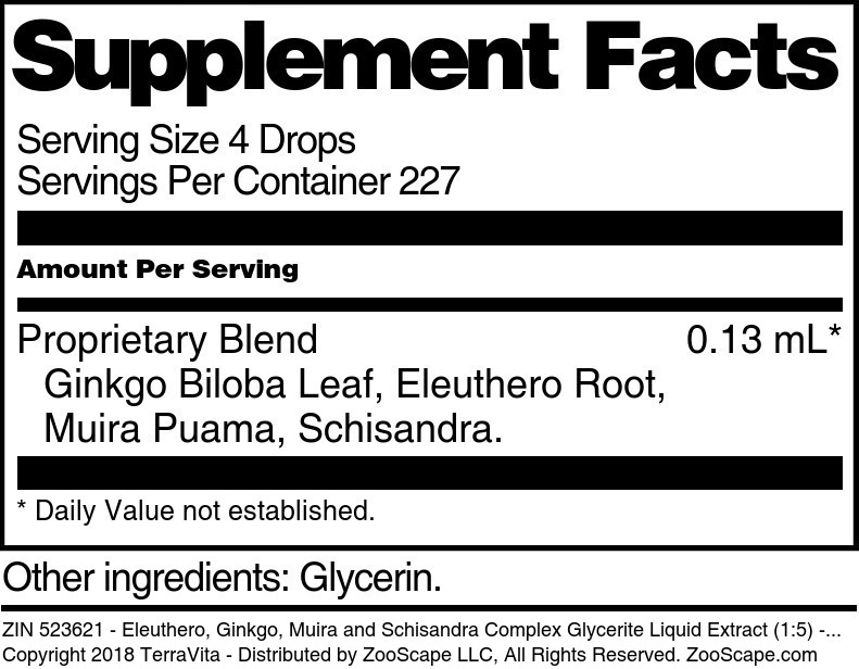 Eleuthero, Ginkgo, Muira and Schisandra Complex Glycerite Liquid Extract (1:5) - Supplement / Nutrition Facts