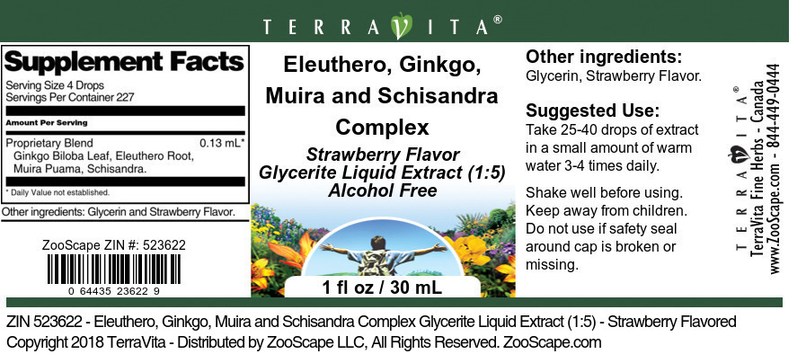 Eleuthero, Ginkgo, Muira and Schisandra Complex Glycerite Liquid Extract (1:5) - Label