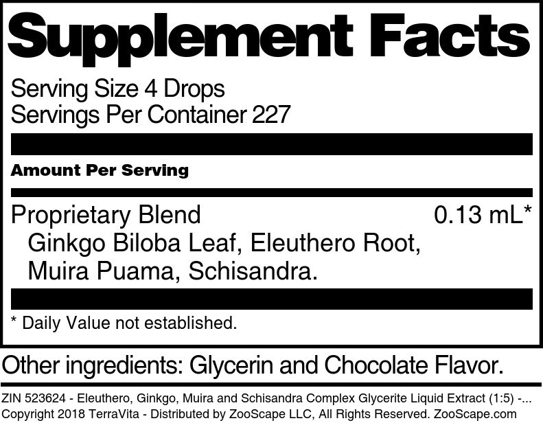 Eleuthero, Ginkgo, Muira and Schisandra Complex Glycerite Liquid Extract (1:5) - Supplement / Nutrition Facts