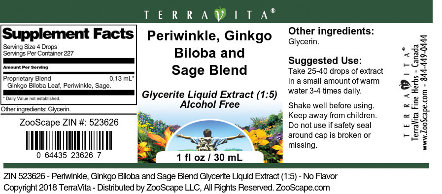 Periwinkle, Ginkgo Biloba and Sage Blend Glycerite Liquid Extract (1:5) - Label