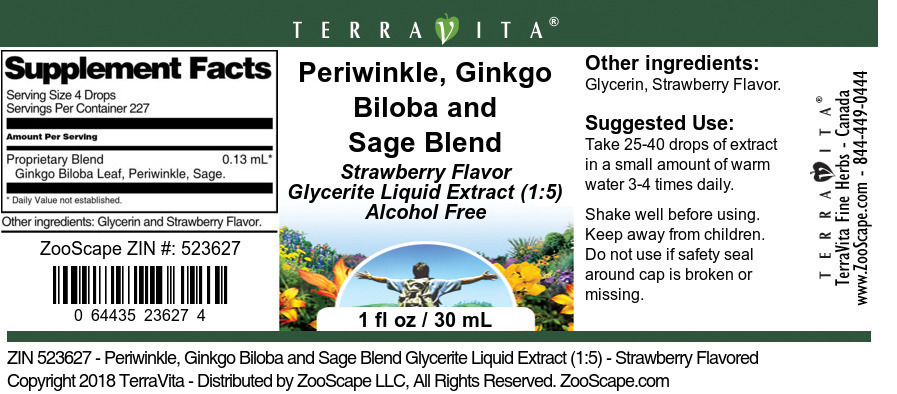 Periwinkle, Ginkgo Biloba and Sage Blend Glycerite Liquid Extract (1:5) - Label