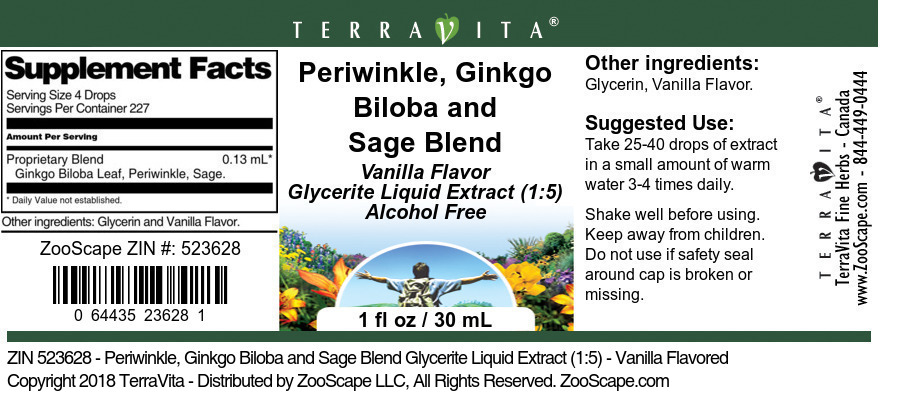 Periwinkle, Ginkgo Biloba and Sage Blend Glycerite Liquid Extract (1:5) - Label