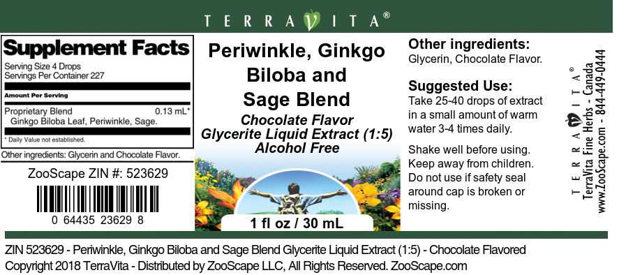 Periwinkle, Ginkgo Biloba and Sage Blend Glycerite Liquid Extract (1:5) - Label