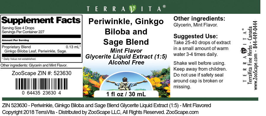 Periwinkle, Ginkgo Biloba and Sage Blend Glycerite Liquid Extract (1:5) - Label