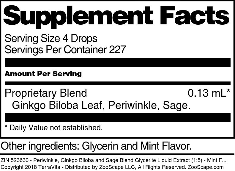 Periwinkle, Ginkgo Biloba and Sage Blend Glycerite Liquid Extract (1:5) - Supplement / Nutrition Facts