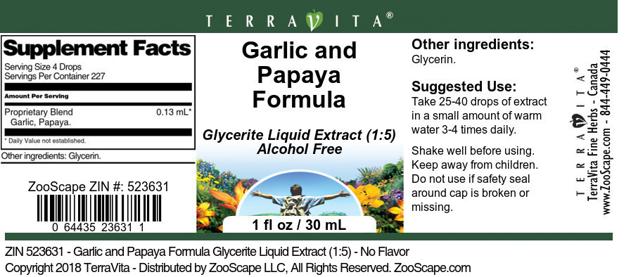 Garlic and Papaya Formula Glycerite Liquid Extract (1:5) - Label