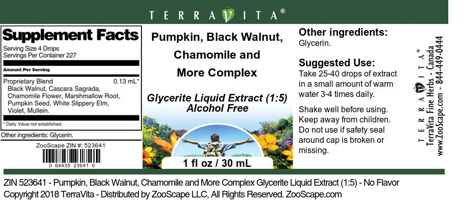 Pumpkin, Black Walnut, Chamomile and More Complex Glycerite Liquid Extract (1:5) - Label