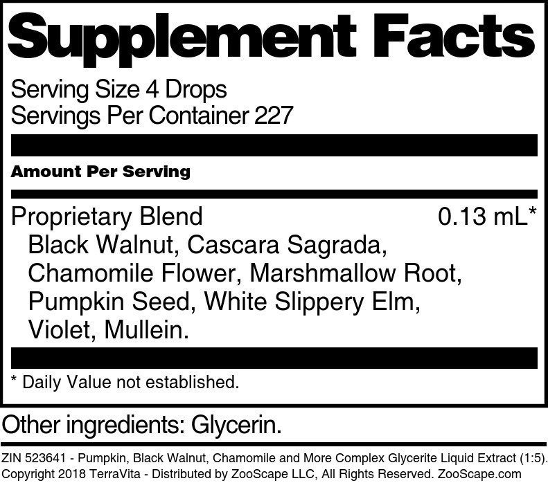 Pumpkin, Black Walnut, Chamomile and More Complex Glycerite Liquid Extract (1:5) - Supplement / Nutrition Facts