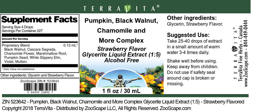 Pumpkin, Black Walnut, Chamomile and More Complex Glycerite Liquid Extract (1:5) - Label