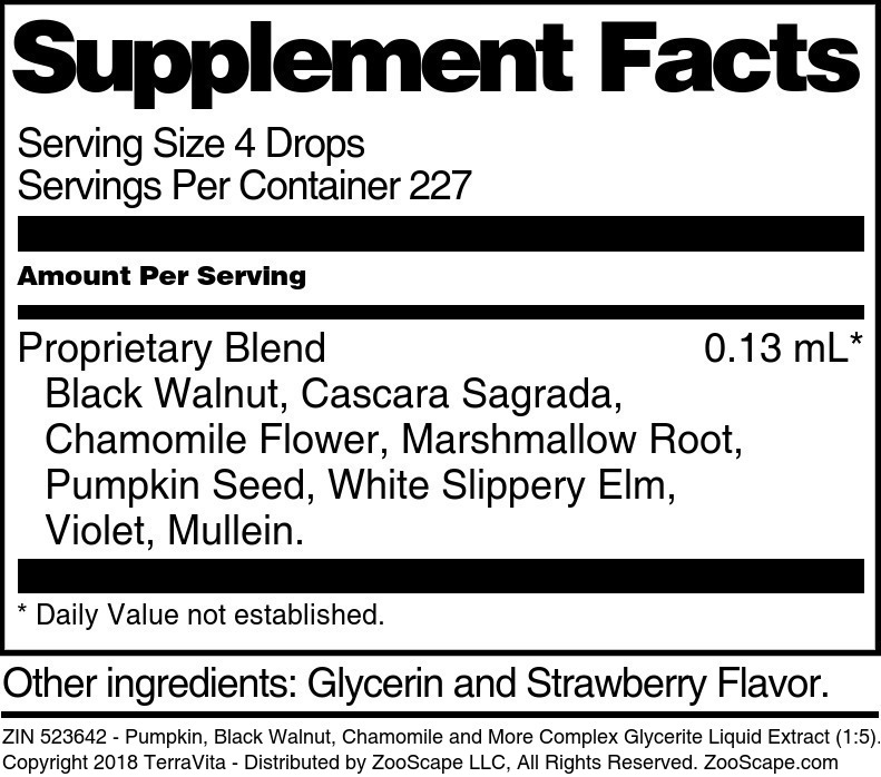 Pumpkin, Black Walnut, Chamomile and More Complex Glycerite Liquid Extract (1:5) - Supplement / Nutrition Facts