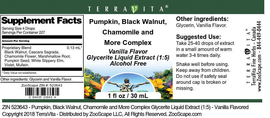 Pumpkin, Black Walnut, Chamomile and More Complex Glycerite Liquid Extract (1:5) - Label